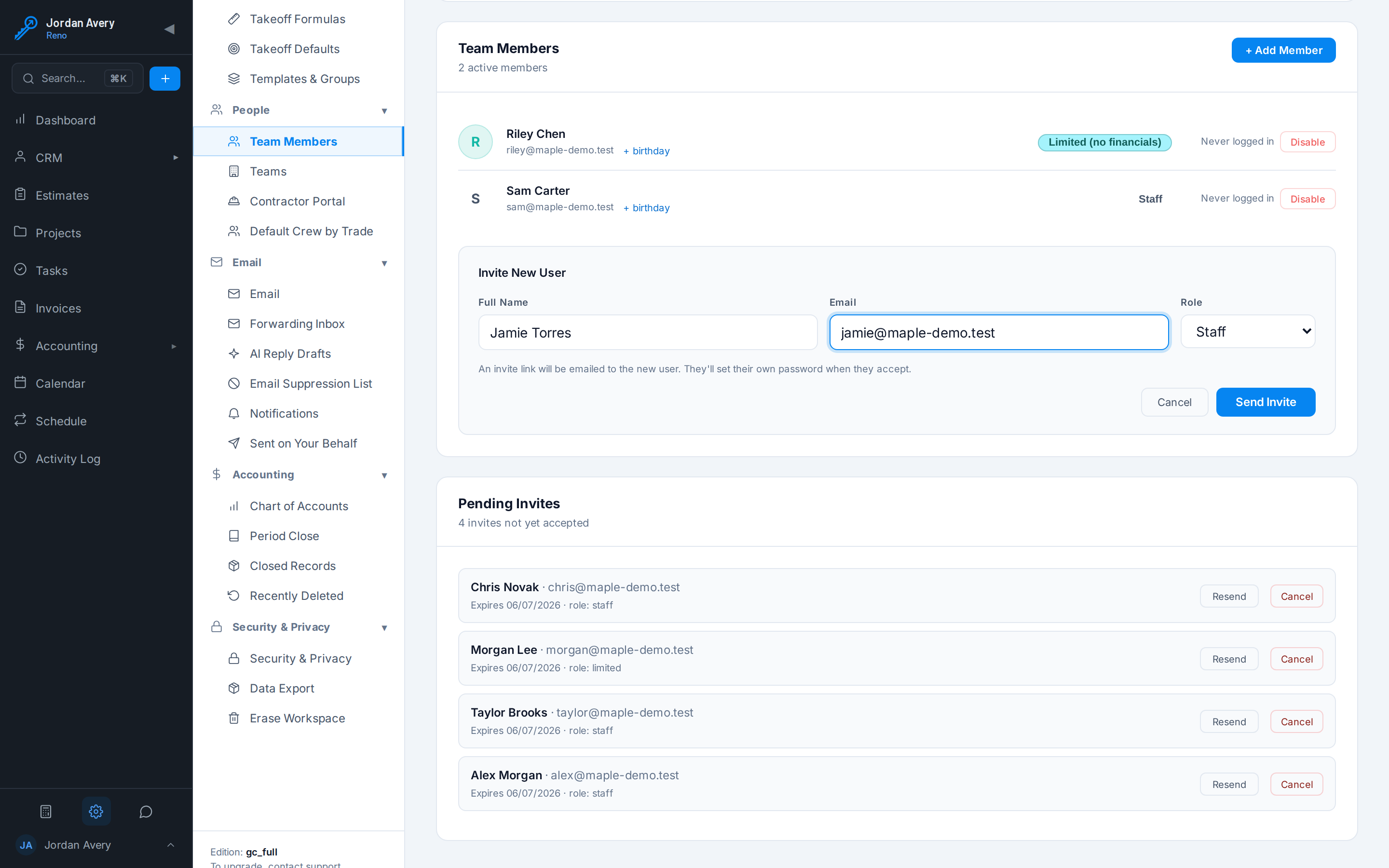 Team, Security & Settings in Stairkey