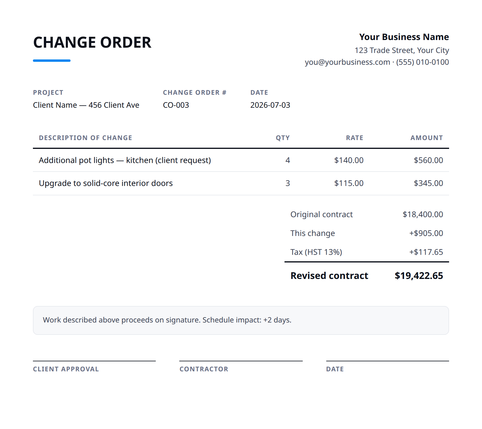 Preview of the free change order template — change description, cost delta, revised contract total, and signature block