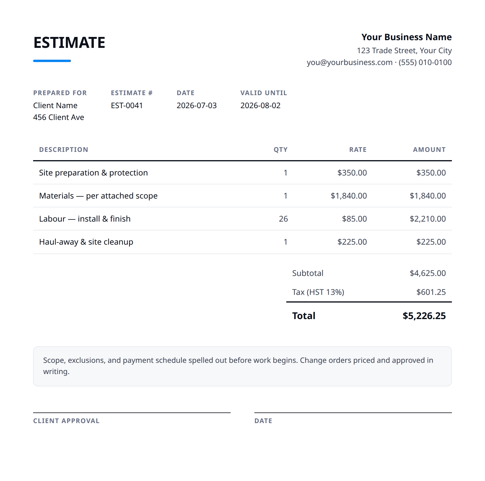Preview of the free estimate template — line items, tax, and totals laid out
