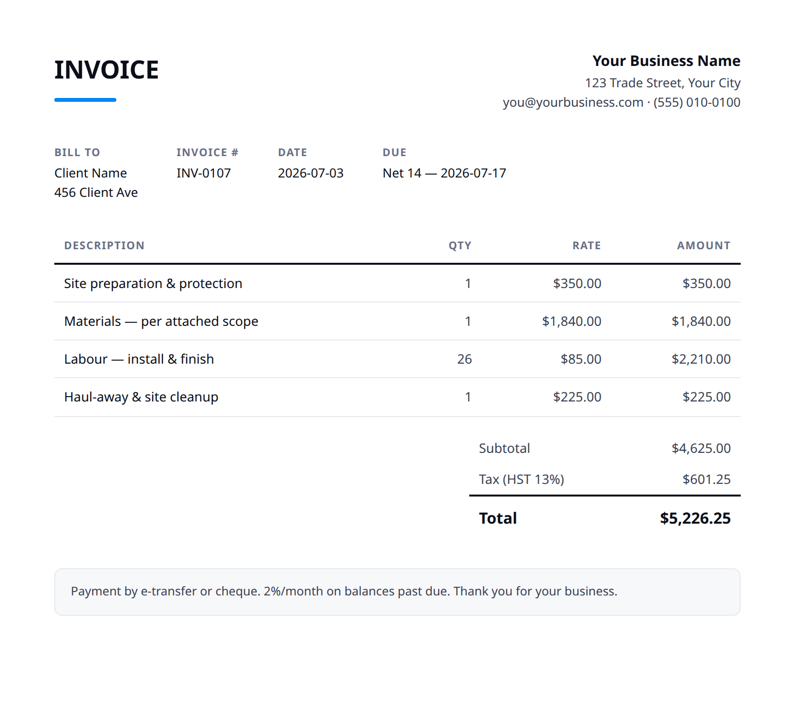 Preview of the free invoice template — line items, tax, and totals laid out